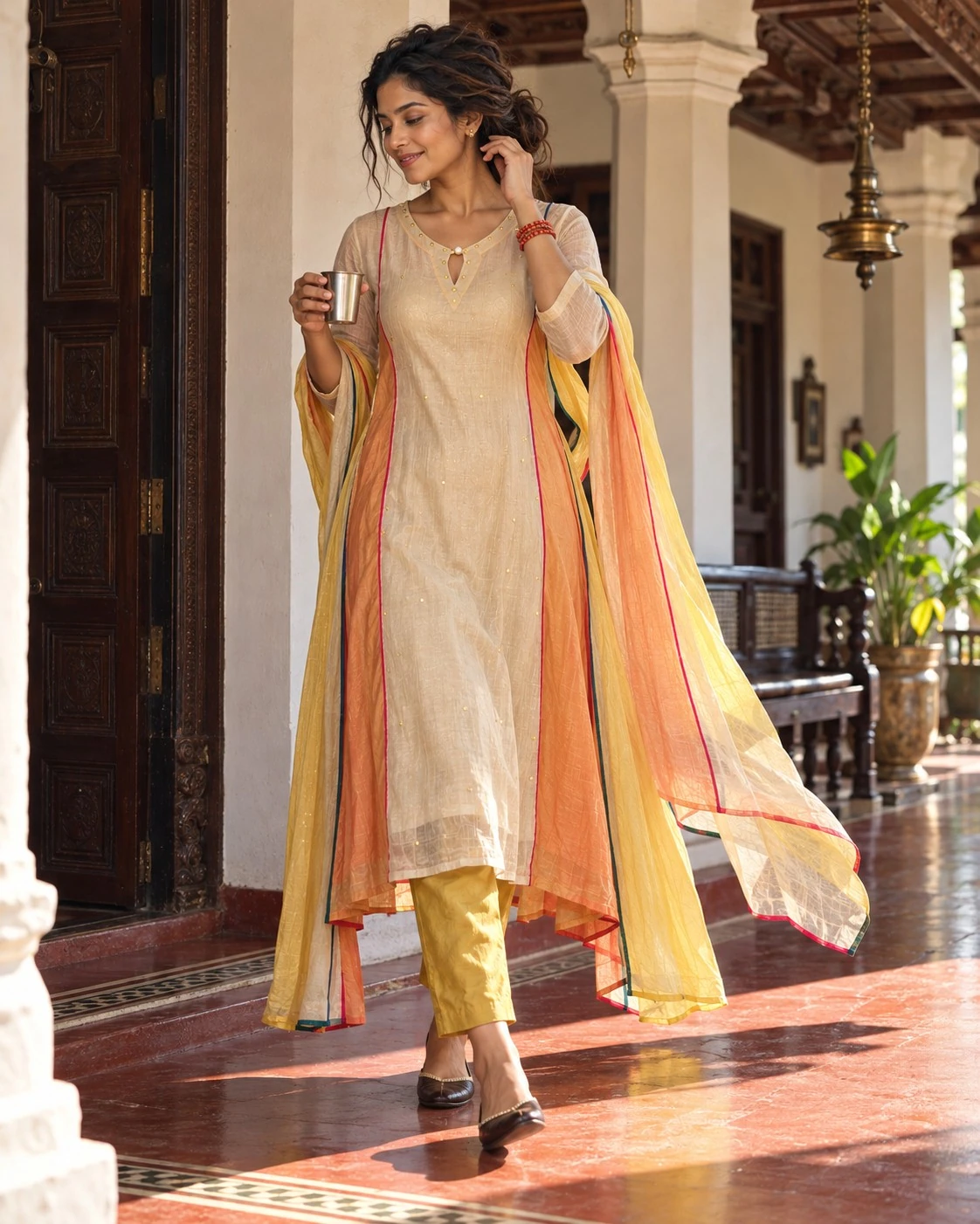 Beige Pearl, Bead & Sequin Neck Embroidered Mul Chanderi A-Line Kurta Pant Set with Mul Cotton Dupatta — view 2