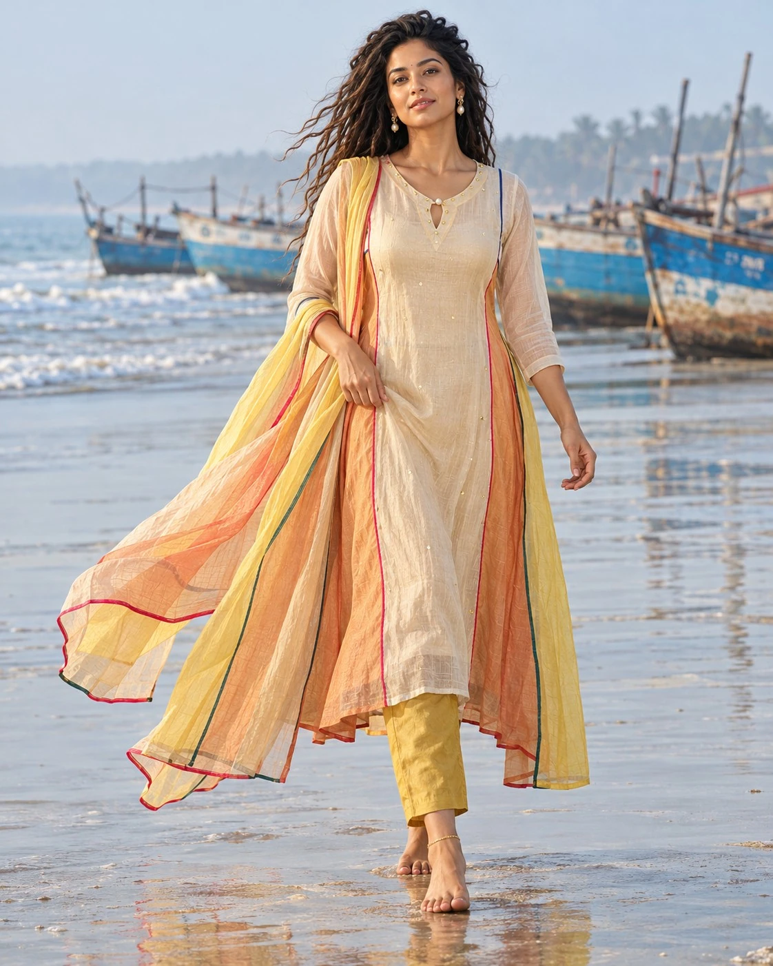 Beige Pearl, Bead & Sequin Neck Embroidered Mul Chanderi A-Line Kurta Pant Set with Mul Cotton Dupatta — view 5