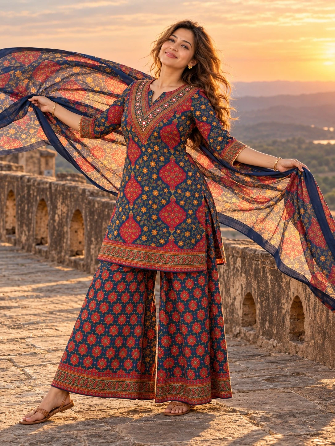 Navy Blue Floral Print Mirror Work Neck Embroidered Pure Cotton Kurta Sharara Set with Dupatta