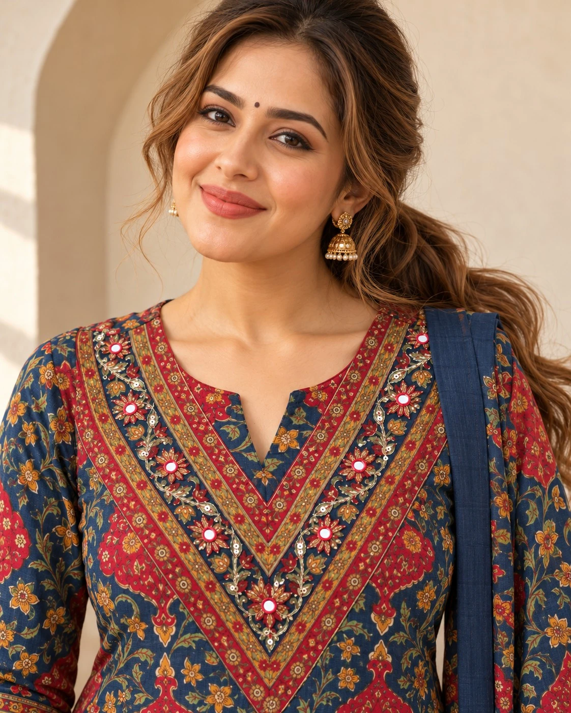 Navy Blue Floral Print Mirror Work Neck Embroidered Pure Cotton Kurta Sharara Set with Dupatta — view 2