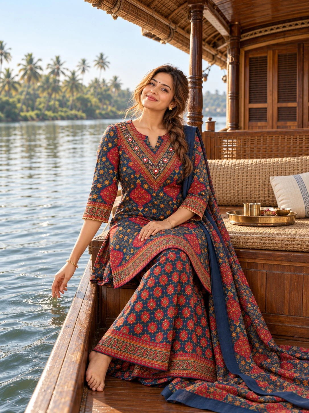 Navy Blue Floral Print Mirror Work Neck Embroidered Pure Cotton Kurta Sharara Set with Dupatta — view 4