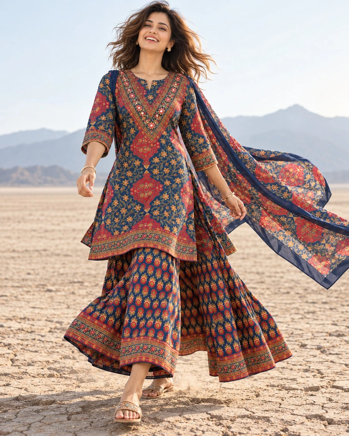 Navy Blue Floral Print Mirror Work Neck Embroidered Pure Cotton Kurta Sharara Set with Dupatta — view 3