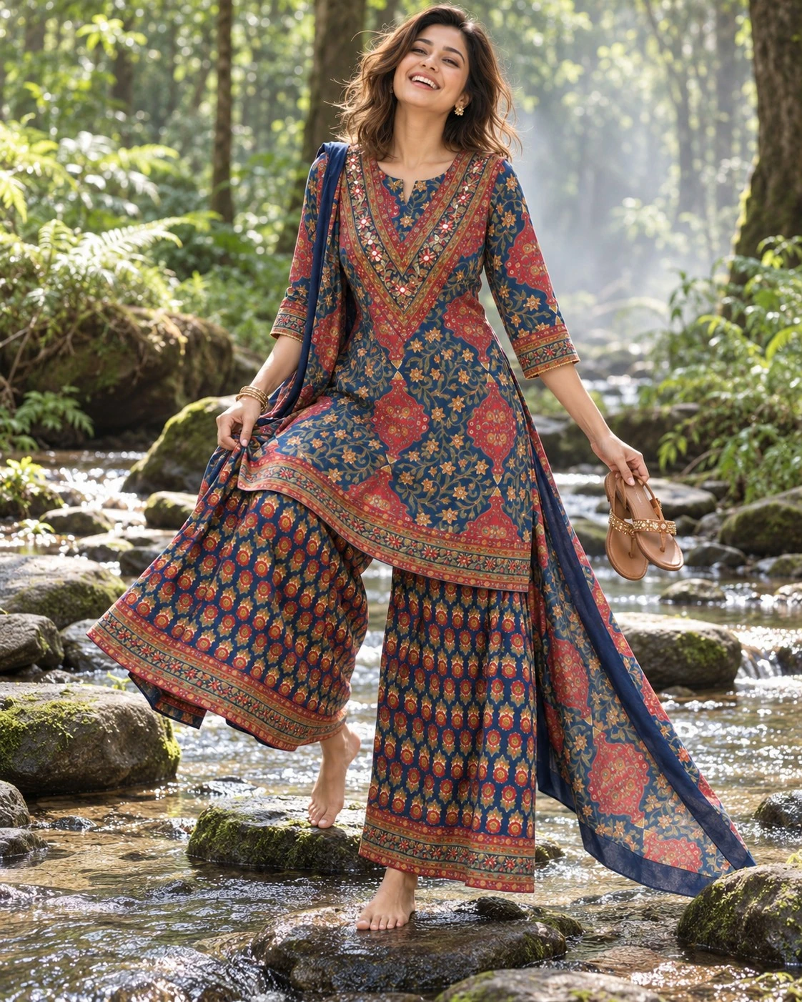 Navy Blue Floral Print Mirror Work Neck Embroidered Pure Cotton Kurta Sharara Set with Dupatta — view 5