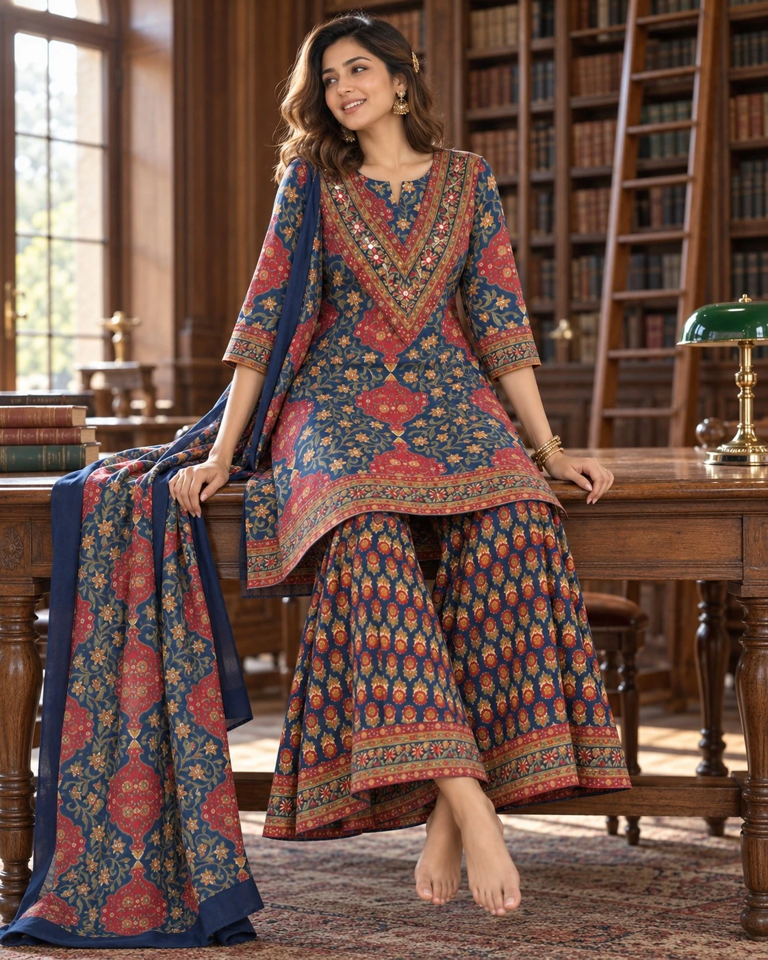 Navy Blue Floral Print Mirror Work Neck Embroidered Pure Cotton Kurta Sharara Set with Dupatta — view 6
