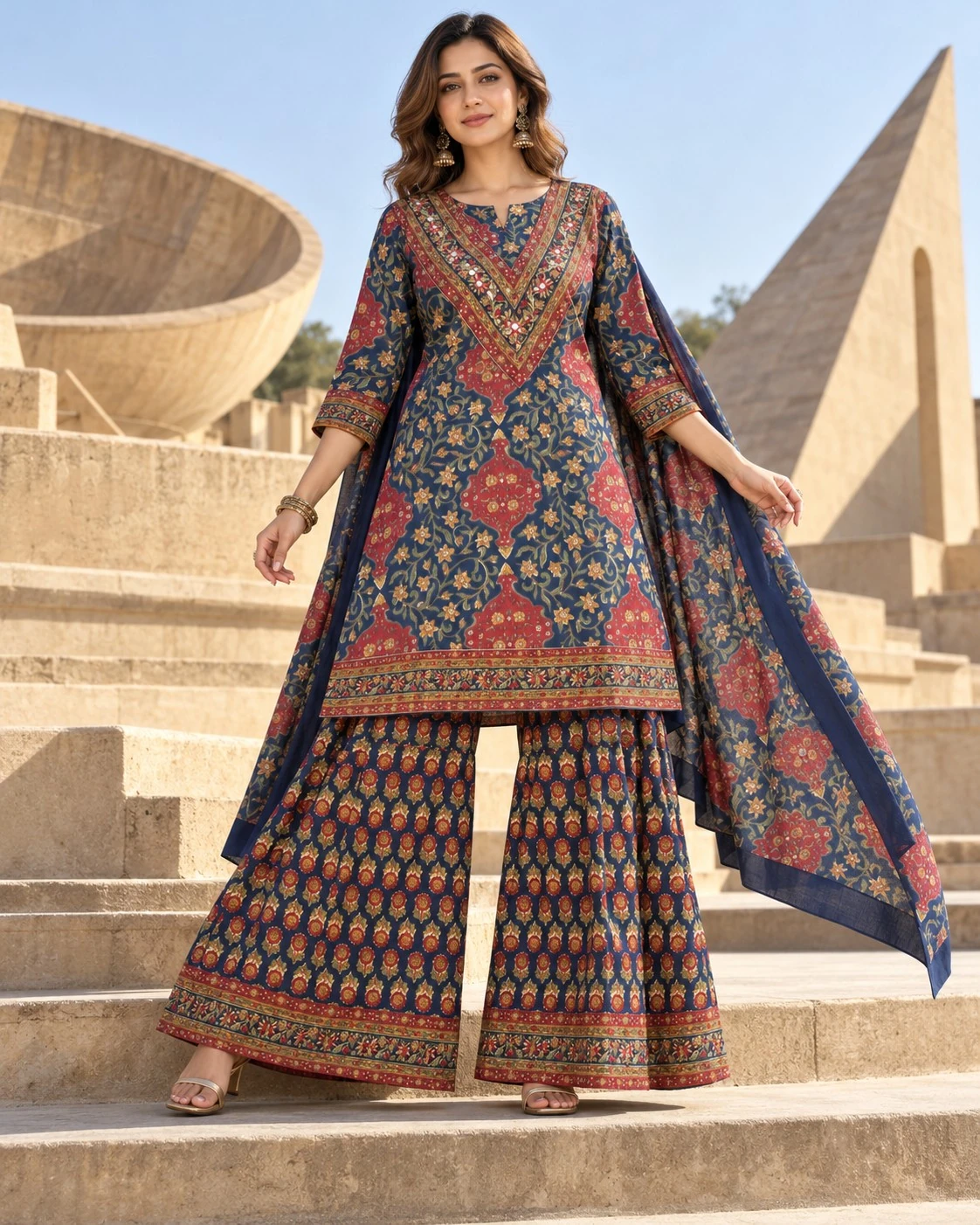 Navy Blue Floral Print Mirror Work Neck Embroidered Pure Cotton Kurta Sharara Set with Dupatta — view 7